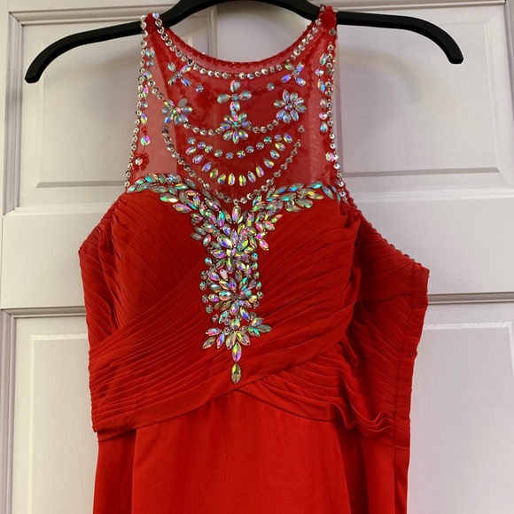 Red A-Line Beaded Prom Dress with Pleated Bodice - Picture 3 of 7